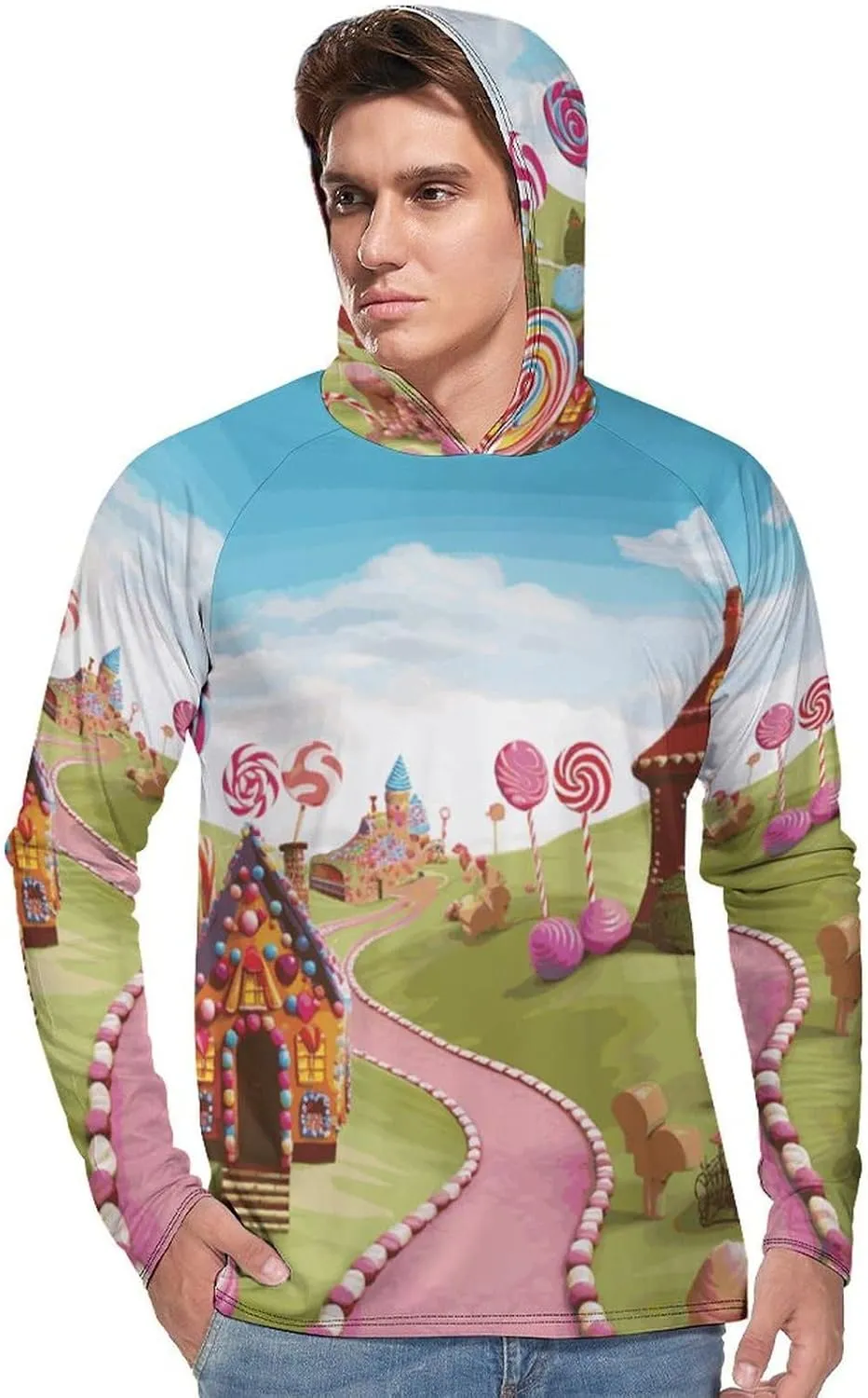 Men's UPF 50  Sun Protection Hoodie Outdoor UV Shirts Candy Land Long Sleeve Quick Dry Fishing Hiking Shirt