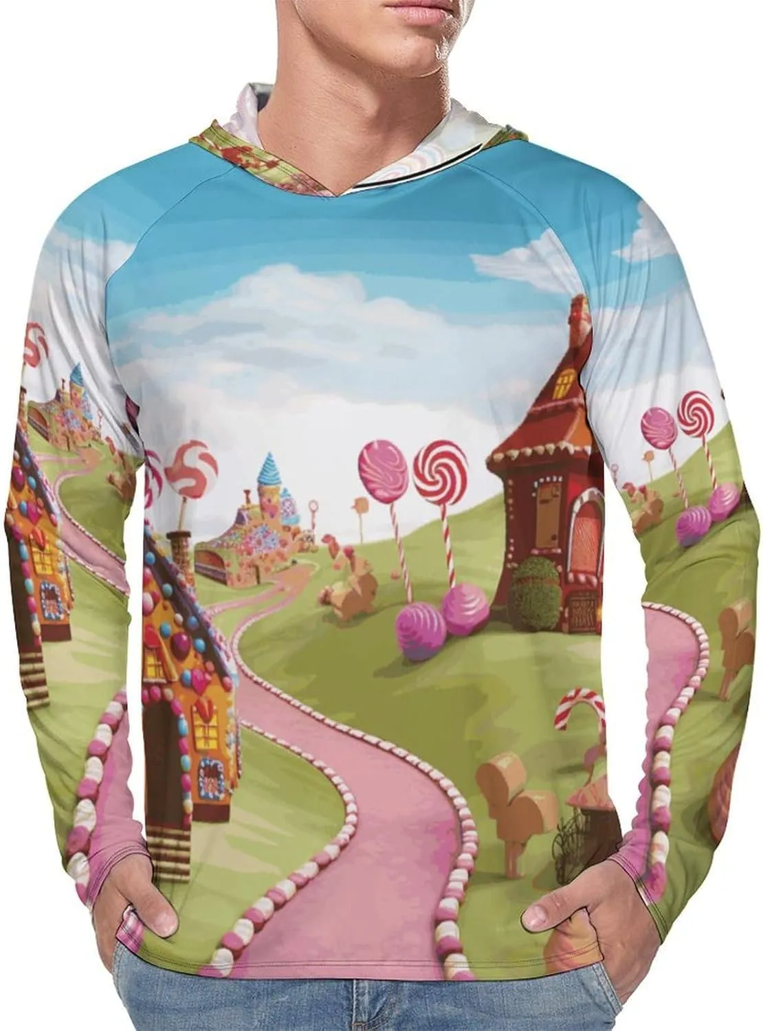 Men's UPF 50  Sun Protection Hoodie Outdoor UV Shirts Candy Land Long Sleeve Quick Dry Fishing Hiking Shirt