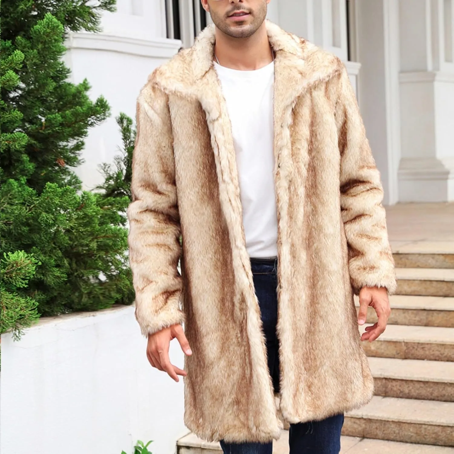 Men's Warm Thick Coat Jacket Faux Fur Fluffy Outwear Cardigan Winter Long Sleeve Overcoat Jacket Long Trench Coats