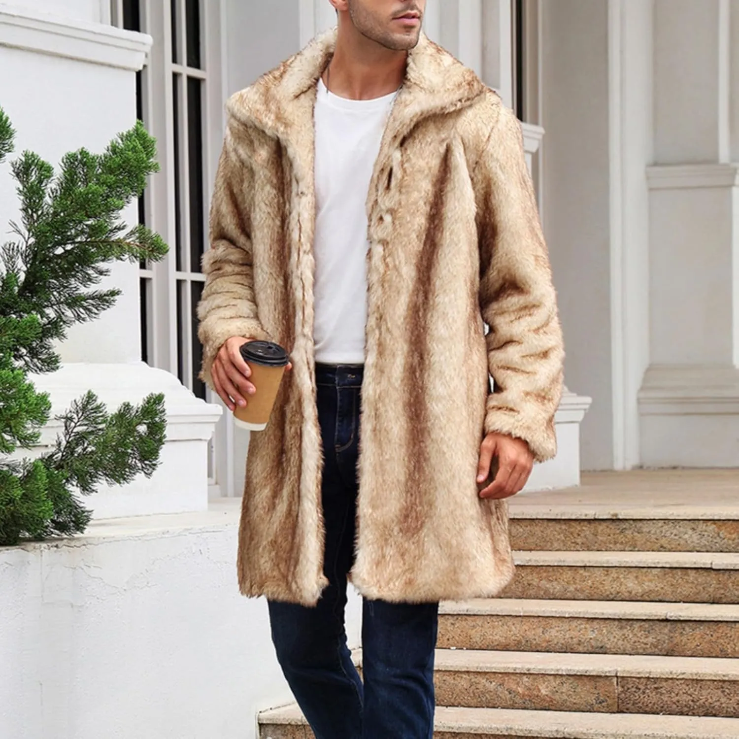 Men's Warm Thick Coat Jacket Faux Fur Fluffy Outwear Cardigan Winter Long Sleeve Overcoat Jacket Long Trench Coats