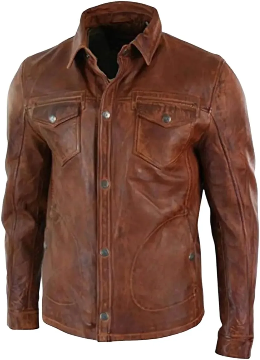 Mens Western Trucker Leather Jacket, Genuine Leather Shirt Jacket Mens, Western Genuine Leather Trucker Jacket Men