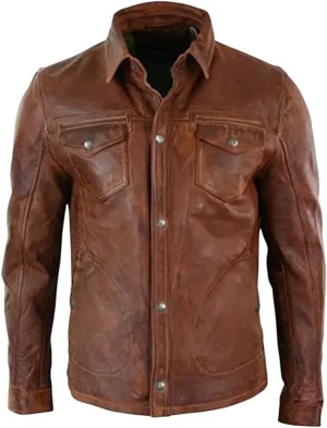Mens Western Trucker Leather Jacket, Genuine Leather Shirt Jacket Mens, Western Genuine Leather Trucker Jacket Men