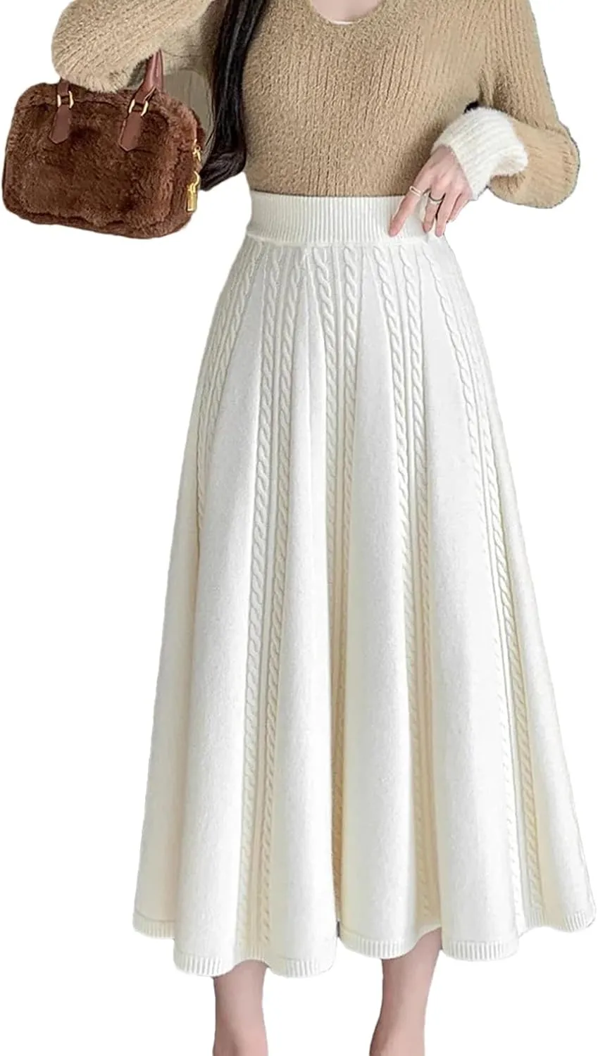 Midi Long Knitted Skirt for Women Autumn Winter Warm Solid A Line High Waist Pleated Skirt