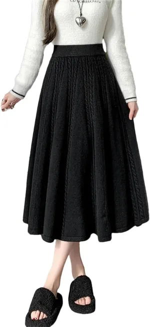 Midi Long Knitted Skirt for Women Autumn Winter Warm Solid A Line High Waist Pleated Skirt