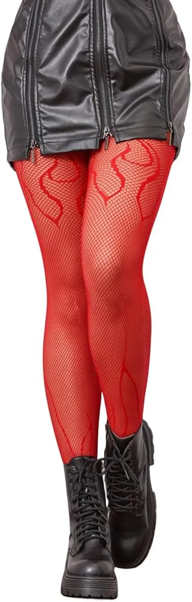 Mrotrida Women's Fire Patterned Fishnet Tights - Sexy Elastic Blaze Pantyhose Leggings - Fire Mesh Stockings