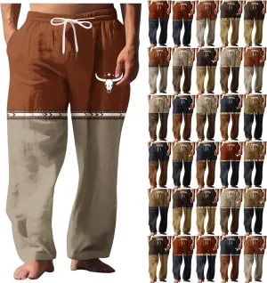 Muscularfit Linen Pant for Men Summer Casual Drawstring Elastic Waist Baggy Trouser with Pockets Ethnic Print Beach Sweatpant