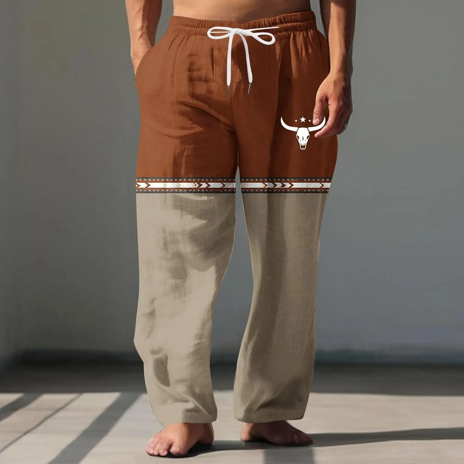 Muscularfit Linen Pant for Men Summer Casual Drawstring Elastic Waist Baggy Trouser with Pockets Ethnic Print Beach Sweatpant