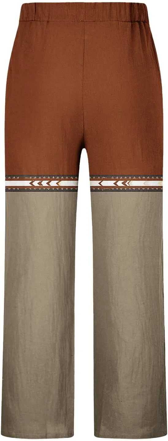 Muscularfit Linen Pant for Men Summer Casual Drawstring Elastic Waist Baggy Trouser with Pockets Ethnic Print Beach Sweatpant