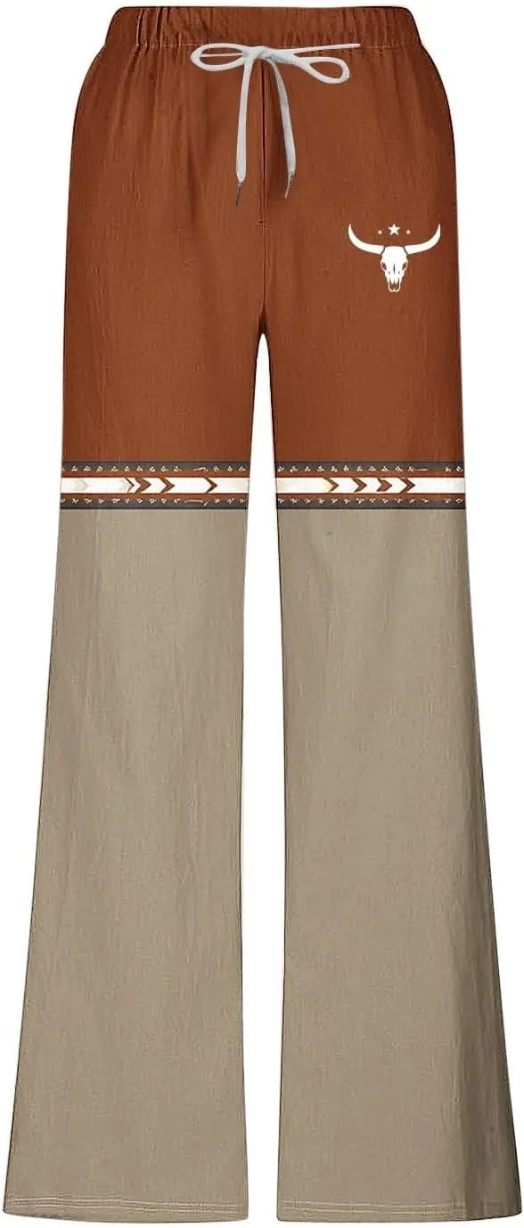 Muscularfit Linen Pant for Men Summer Casual Drawstring Elastic Waist Baggy Trouser with Pockets Ethnic Print Beach Sweatpant