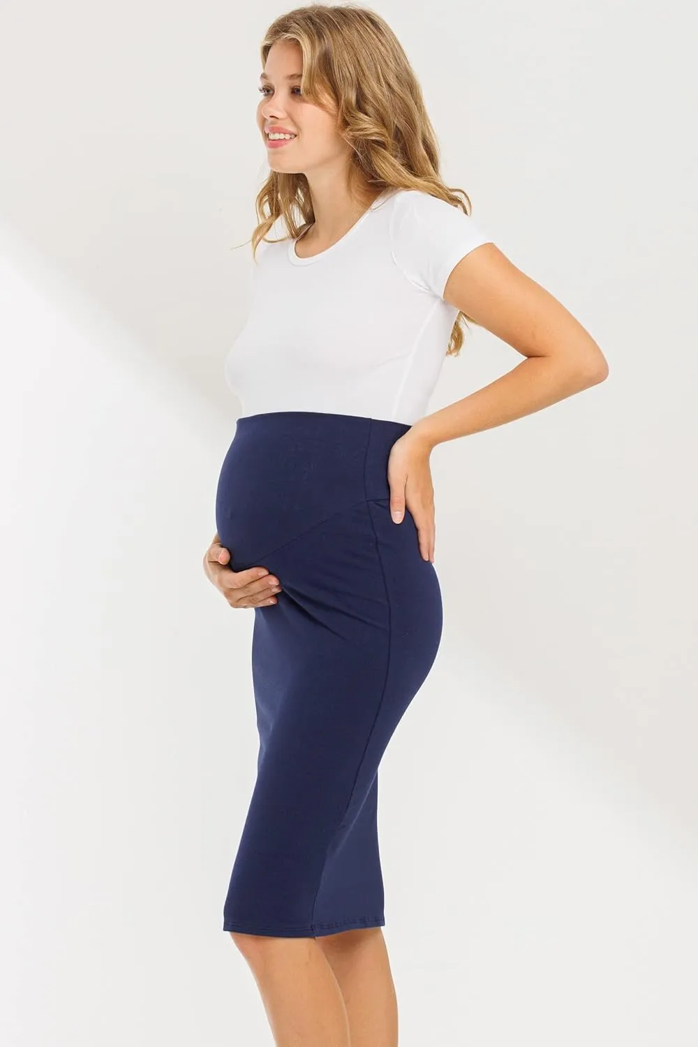 My Bump Women's Comfort Stretch High Waisted Tummy Control Midi Maternity Pencil Skirt Made in USA
