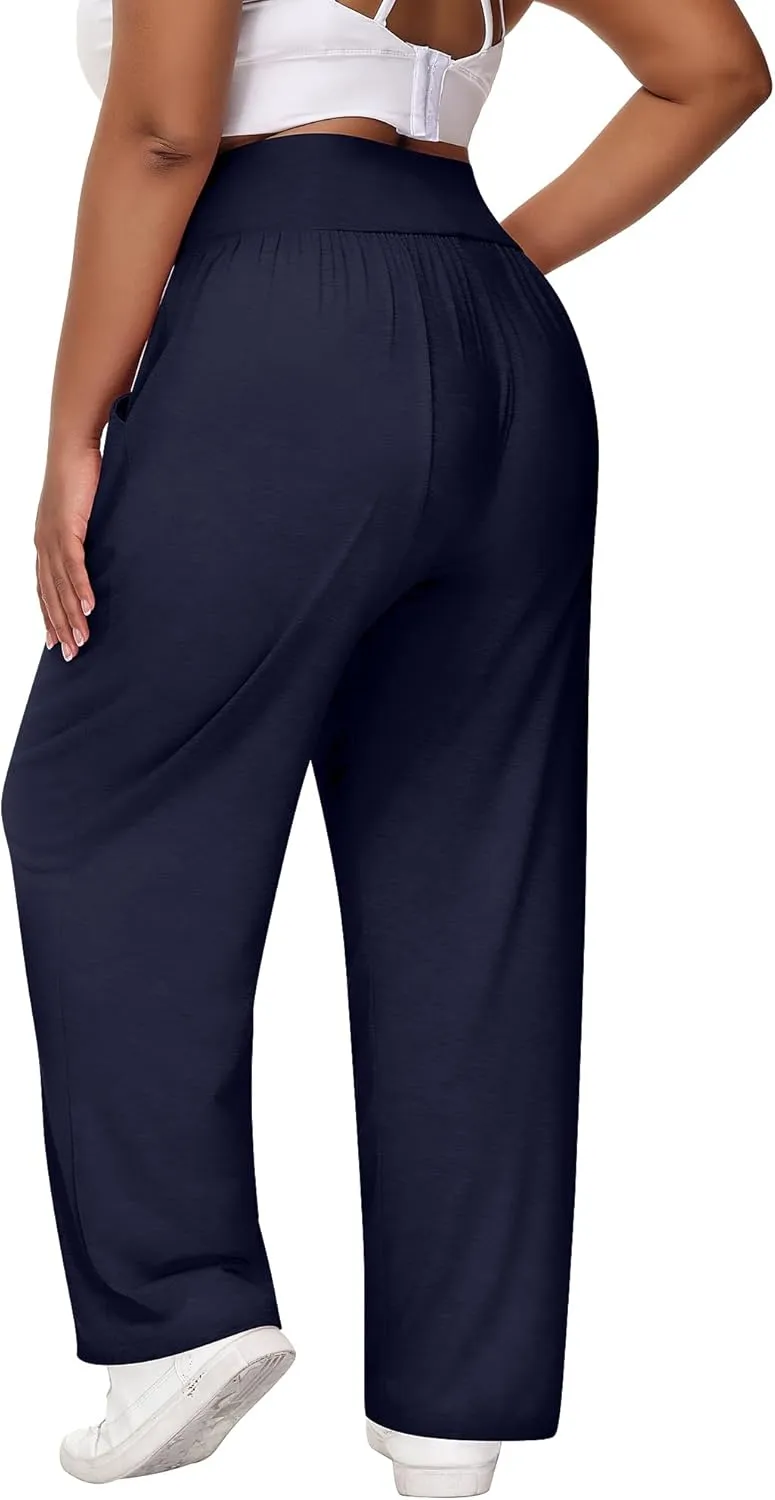 Neer 3 Pack Women Plus Size Wide Leg Yoga Pants High Waist Sweatpants Plus Size Palazzo Pants Lounge with Pockets