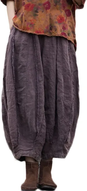 NFYM Women Wide Leg Elastic Waist Cotton Linen Distressed Patchwork Pumpkin Style Wide Leg 3/4 Length Cropped Pants