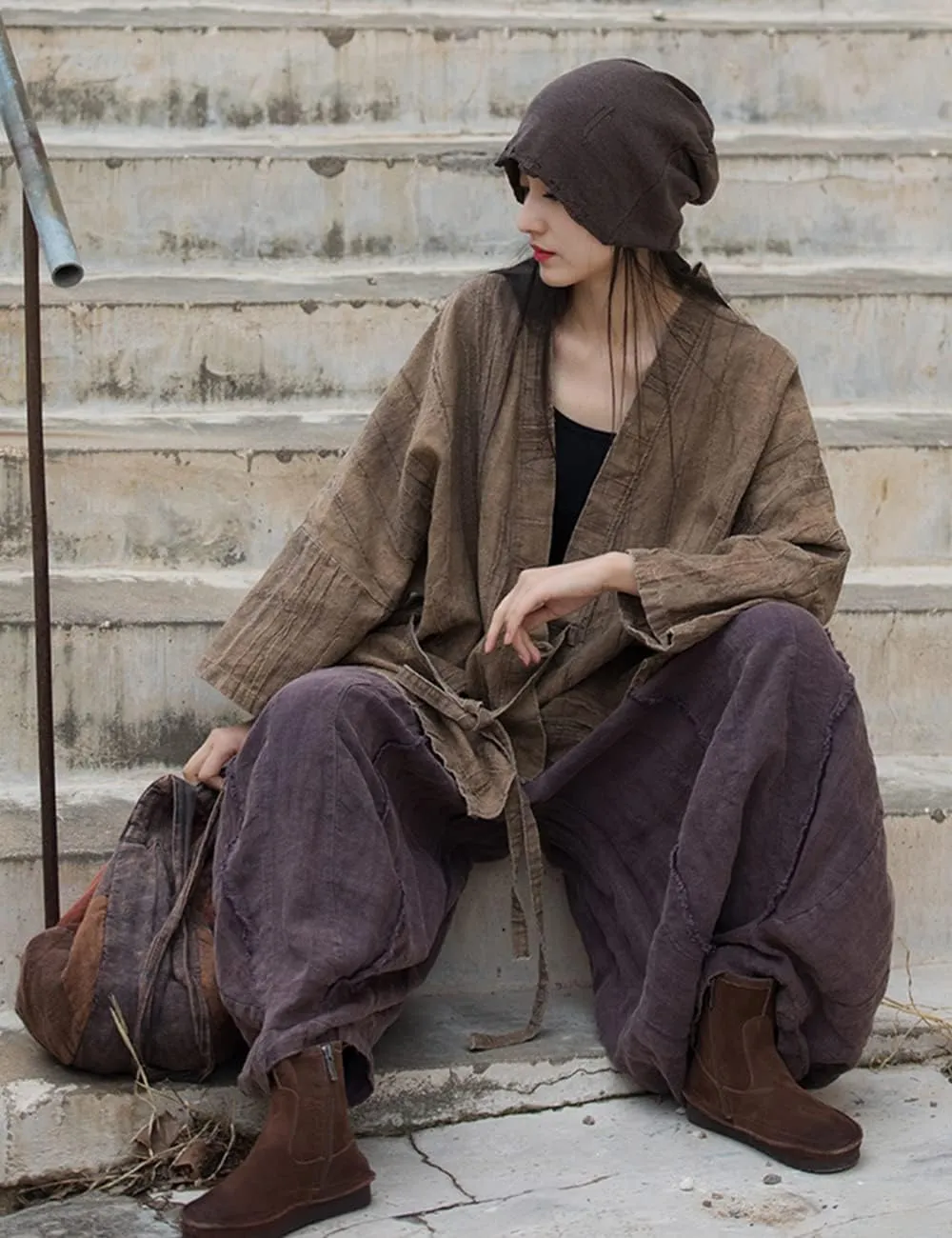 NFYM Women Wide Leg Elastic Waist Cotton Linen Distressed Patchwork Pumpkin Style Wide Leg 3/4 Length Cropped Pants