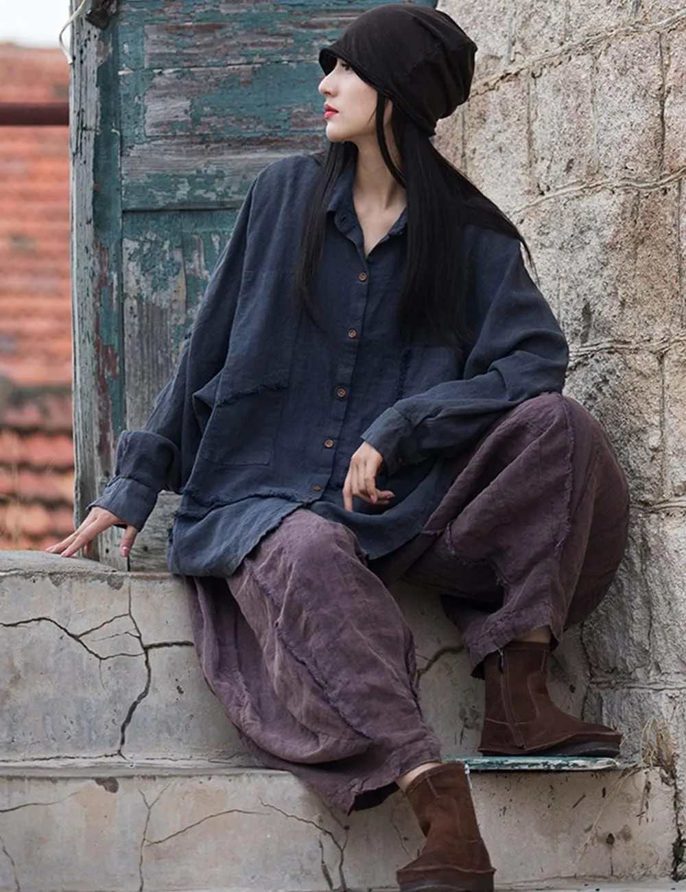 NFYM Women Wide Leg Elastic Waist Cotton Linen Distressed Patchwork Pumpkin Style Wide Leg 3/4 Length Cropped Pants