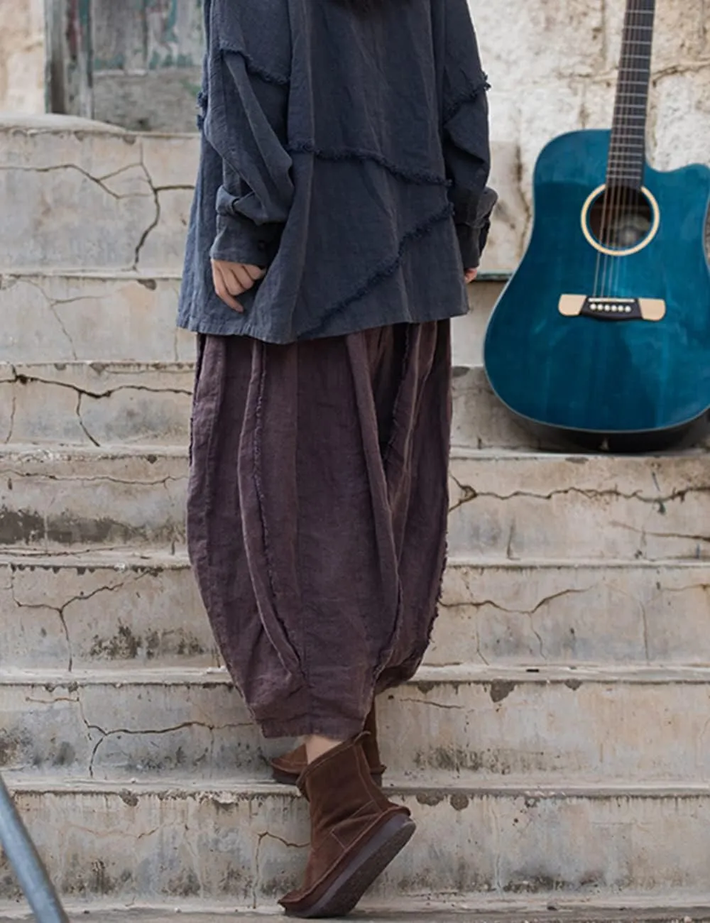 NFYM Women Wide Leg Elastic Waist Cotton Linen Distressed Patchwork Pumpkin Style Wide Leg 3/4 Length Cropped Pants
