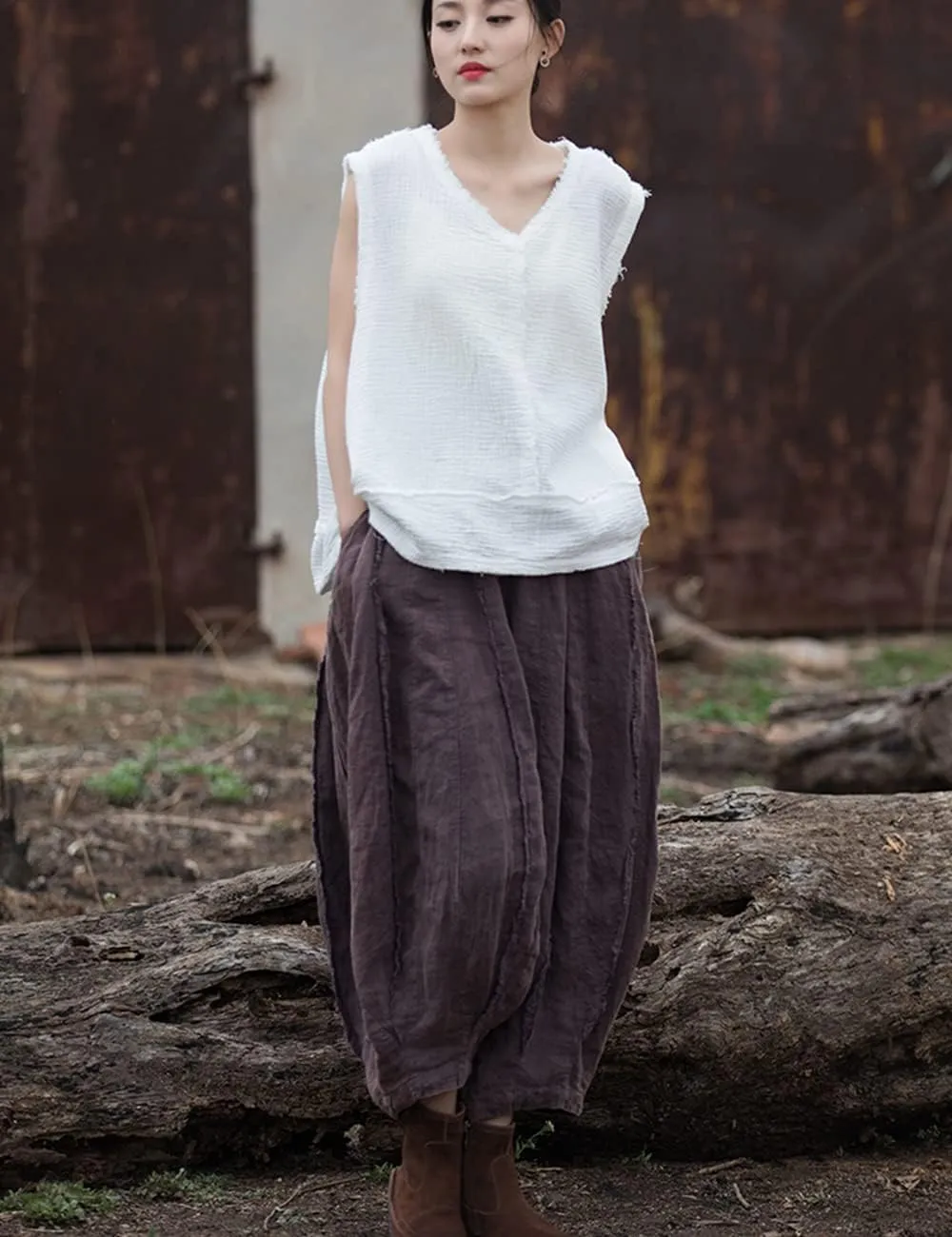 NFYM Women Wide Leg Elastic Waist Cotton Linen Distressed Patchwork Pumpkin Style Wide Leg 3/4 Length Cropped Pants