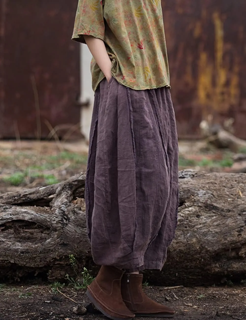 NFYM Women Wide Leg Elastic Waist Cotton Linen Distressed Patchwork Pumpkin Style Wide Leg 3/4 Length Cropped Pants