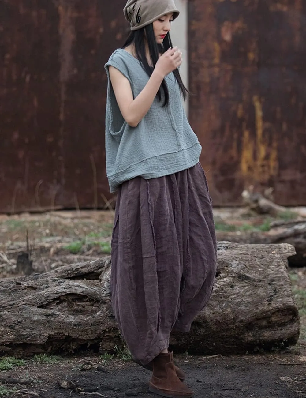 NFYM Women Wide Leg Elastic Waist Cotton Linen Distressed Patchwork Pumpkin Style Wide Leg 3/4 Length Cropped Pants