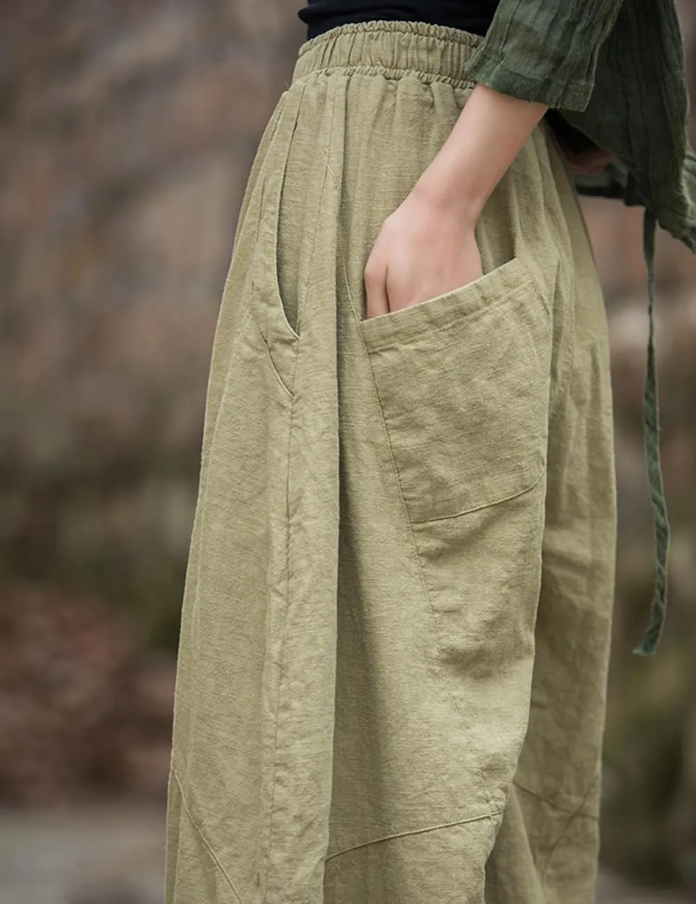 NFYM Women's Vintage Cotton Linen Baggy Pants Elastic Waist Wide Leg Lantern Casual Loose Trouser