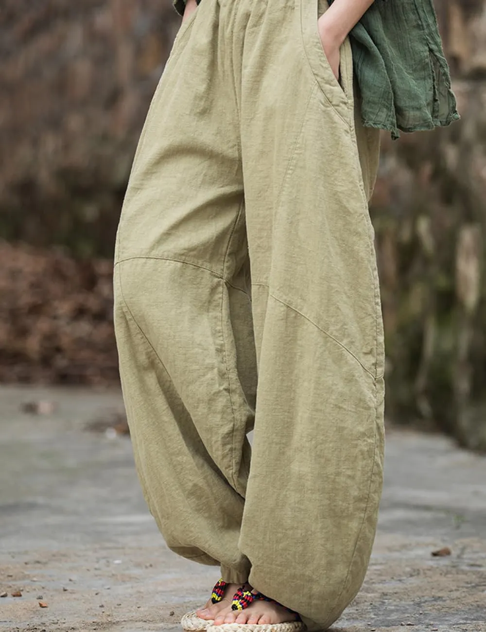 NFYM Women's Vintage Cotton Linen Baggy Pants Elastic Waist Wide Leg Lantern Casual Loose Trouser
