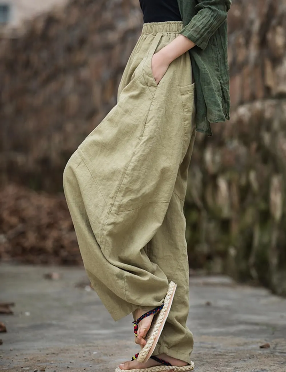 NFYM Women's Vintage Cotton Linen Baggy Pants Elastic Waist Wide Leg Lantern Casual Loose Trouser