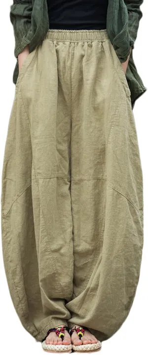 NFYM Women's Vintage Cotton Linen Baggy Pants Elastic Waist Wide Leg Lantern Casual Loose Trouser