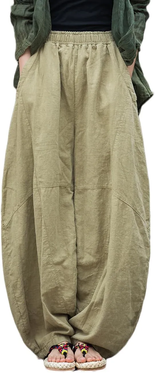 NFYM Women's Vintage Cotton Linen Baggy Pants Elastic Waist Wide Leg Lantern Casual Loose Trouser
