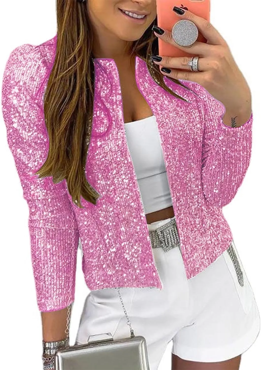 nqgsntc Women Sequin Blazer Open Front Jacket Party Christmas Puff Sleeve Sparkly Coats