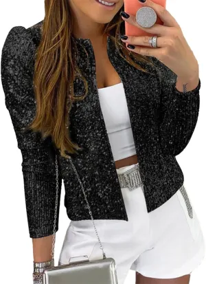 nqgsntc Women Sequin Blazer Open Front Jacket Party Christmas Puff Sleeve Sparkly Coats
