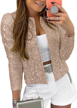 nqgsntc Women Sequin Blazer Open Front Jacket Party Christmas Puff Sleeve Sparkly Coats