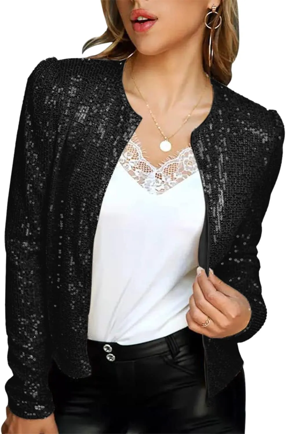 nqgsntc Women Sequin Blazer Open Front Jacket Party Christmas Puff Sleeve Sparkly Coats