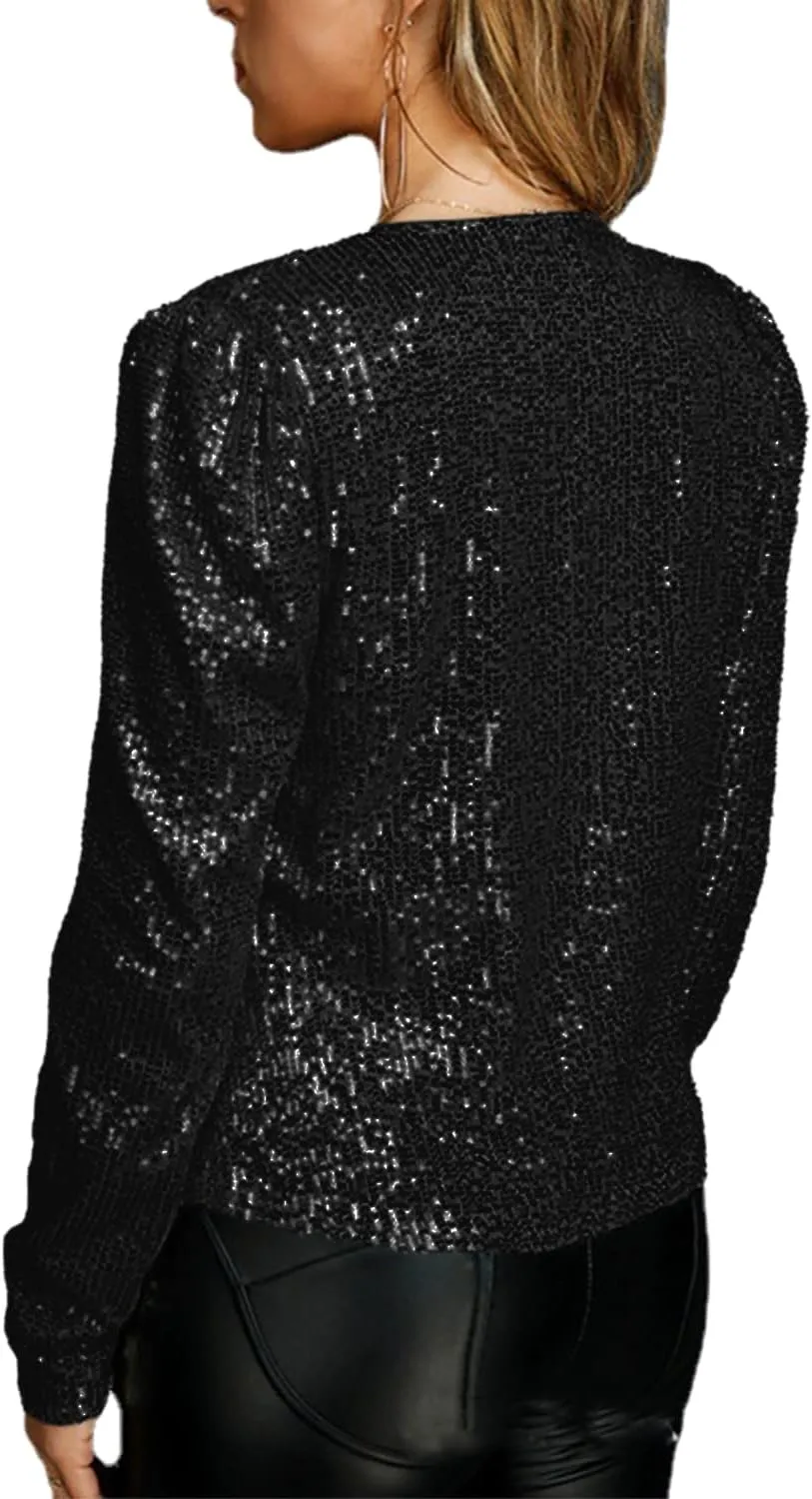 nqgsntc Women Sequin Blazer Open Front Jacket Party Christmas Puff Sleeve Sparkly Coats