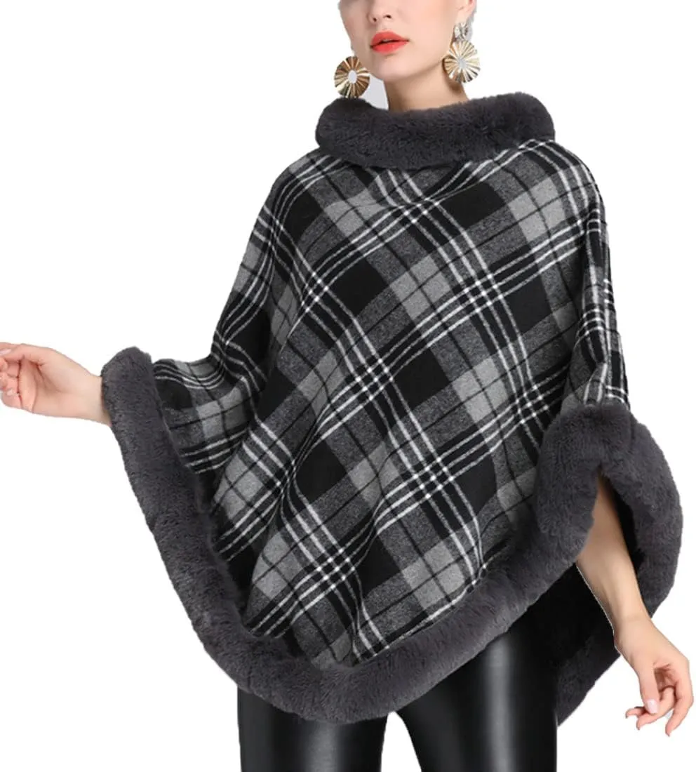 ONLYWOOD Women Fleece Lined Plaid Cape Cloak Fur Collar Pullover Winter Warm Coat