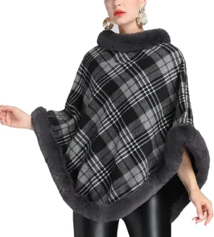 ONLYWOOD Women Fleece Lined Plaid Cape Cloak Fur Collar Pullover Winter Warm Coat