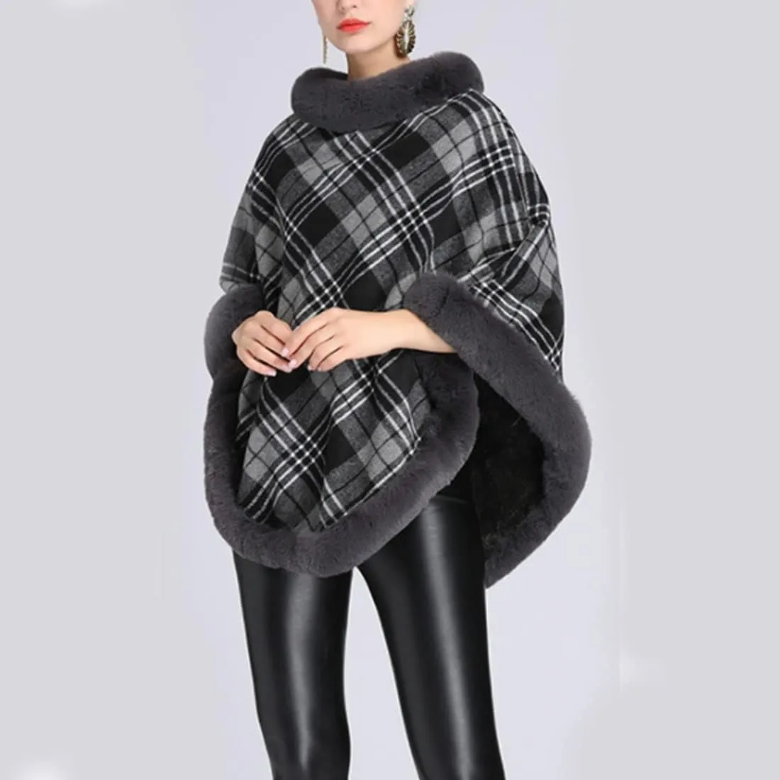 ONLYWOOD Women Fleece Lined Plaid Cape Cloak Fur Collar Pullover Winter Warm Coat