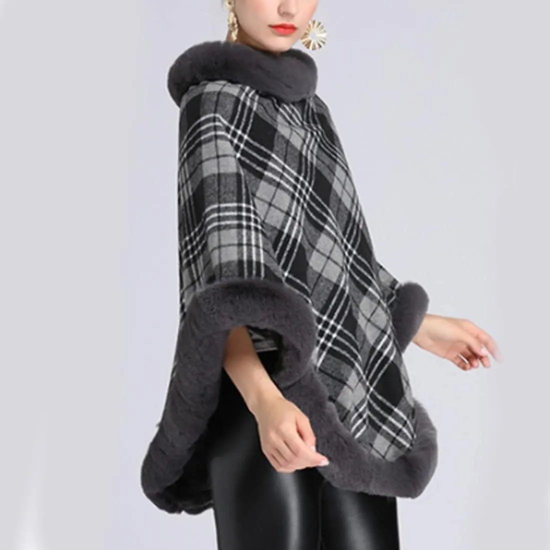 ONLYWOOD Women Fleece Lined Plaid Cape Cloak Fur Collar Pullover Winter Warm Coat