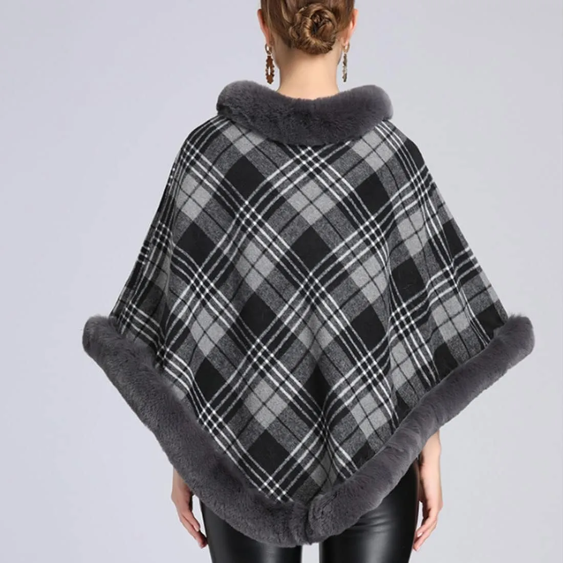 ONLYWOOD Women Fleece Lined Plaid Cape Cloak Fur Collar Pullover Winter Warm Coat