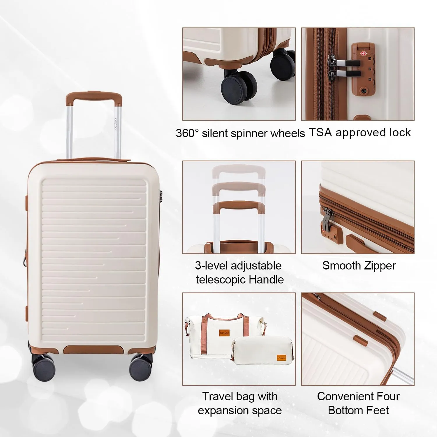 OUZZO PC Luggage,Suitcase Sets,Luggage Sets of 5,Carry-on Luggage With Wheels,Check In Luggage,Expandable Carry On Luggage,20/24/28 Inch Luggage,TSA Approved Lock,Hardshell Suitcase,White