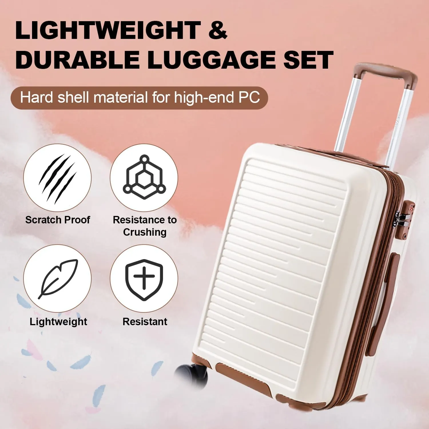OUZZO PC Luggage,Suitcase Sets,Luggage Sets of 5,Carry-on Luggage With Wheels,Check In Luggage,Expandable Carry On Luggage,20/24/28 Inch Luggage,TSA Approved Lock,Hardshell Suitcase,White