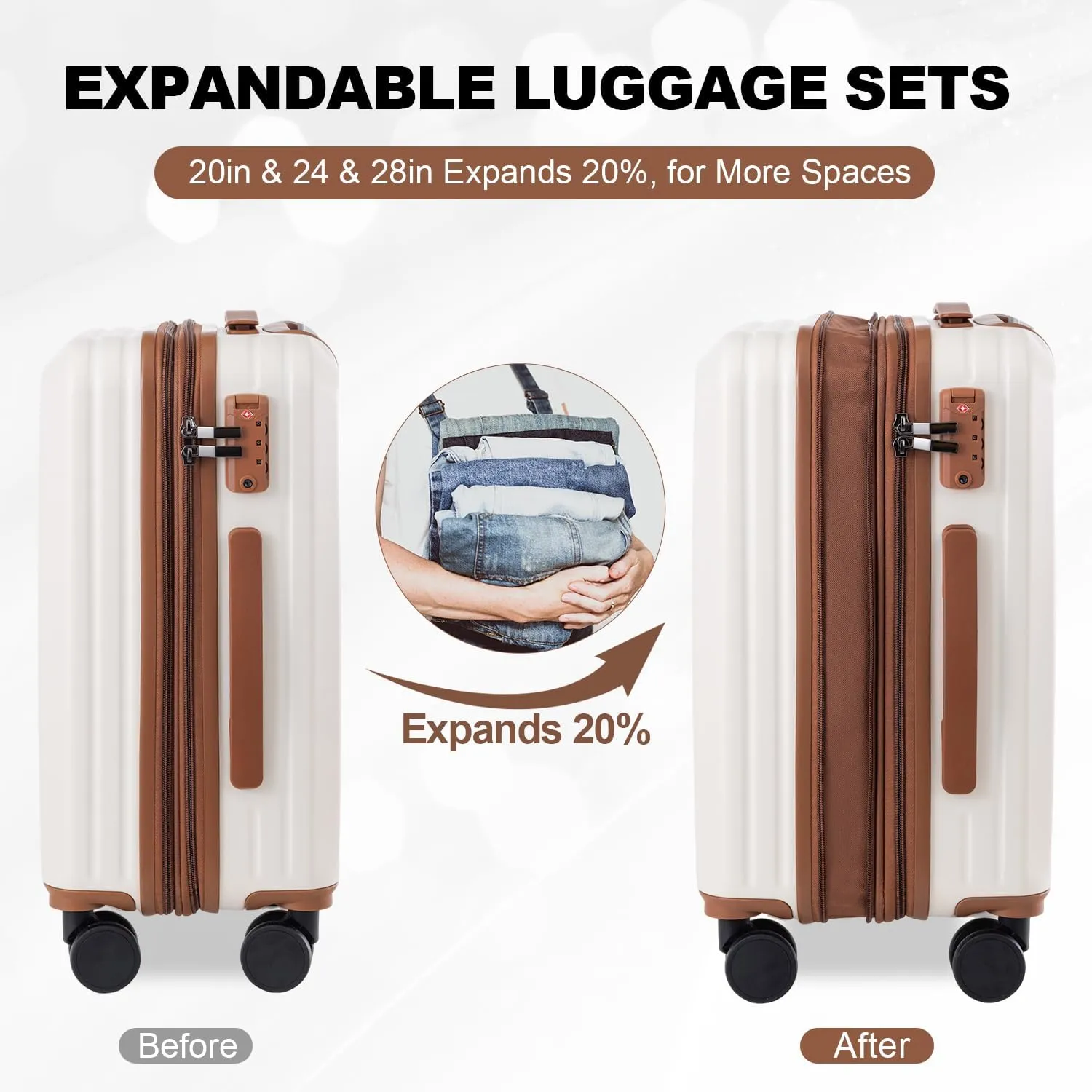 OUZZO PC Luggage,Suitcase Sets,Luggage Sets of 5,Carry-on Luggage With Wheels,Check In Luggage,Expandable Carry On Luggage,20/24/28 Inch Luggage,TSA Approved Lock,Hardshell Suitcase,White
