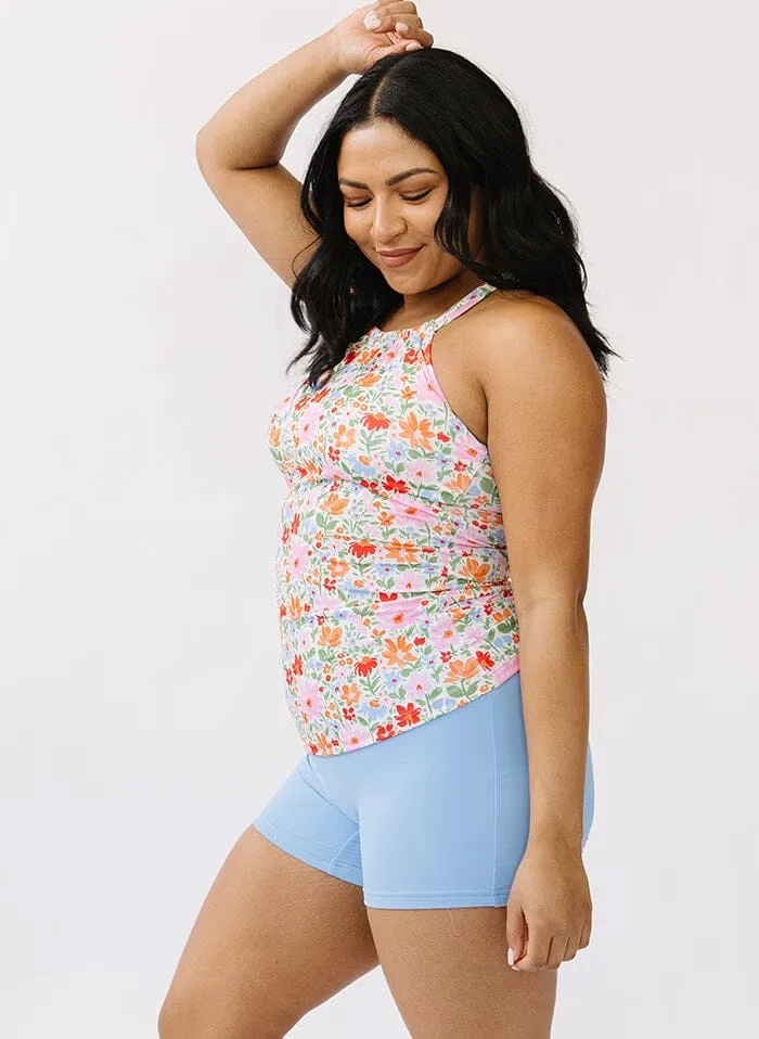 Painted Floral Double-Cinch Tankini Top
