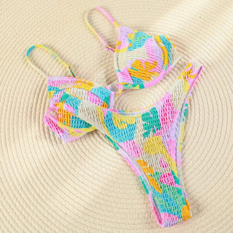 Patchwork Triang Swimsuit Bikini Set Pleasted Swimwear Thong Push Up Beachwear String Bikini Set