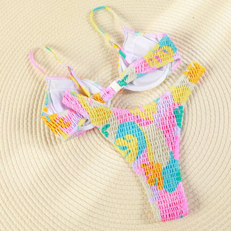 Patchwork Triang Swimsuit Bikini Set Pleasted Swimwear Thong Push Up Beachwear String Bikini Set
