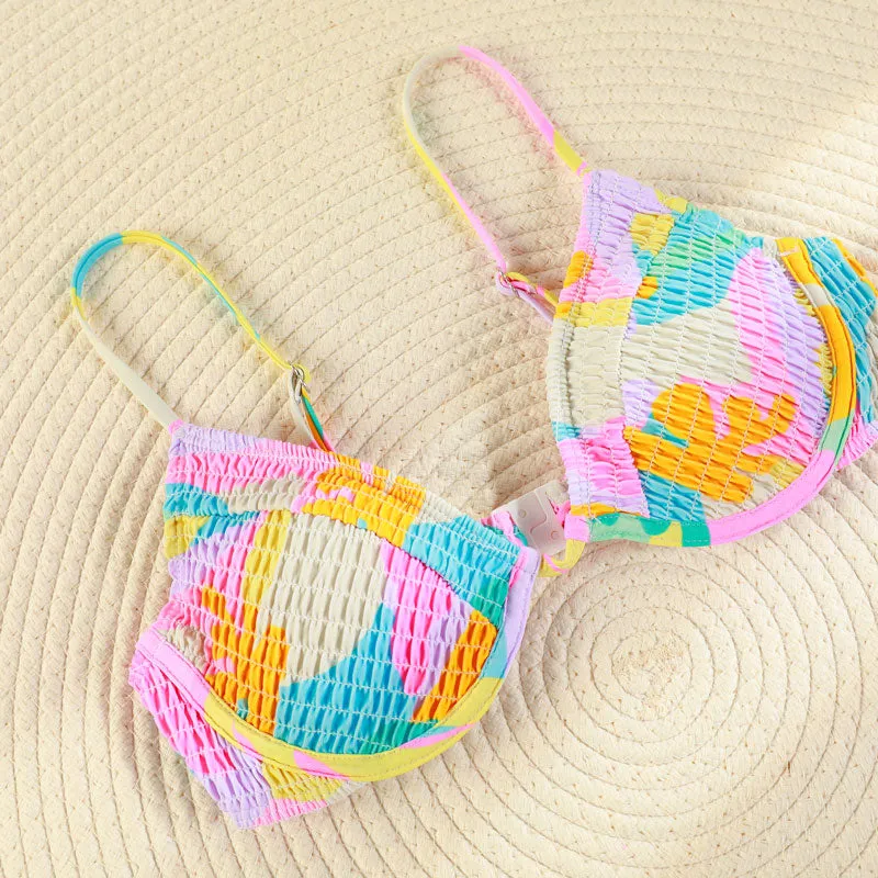 Patchwork Triang Swimsuit Bikini Set Pleasted Swimwear Thong Push Up Beachwear String Bikini Set