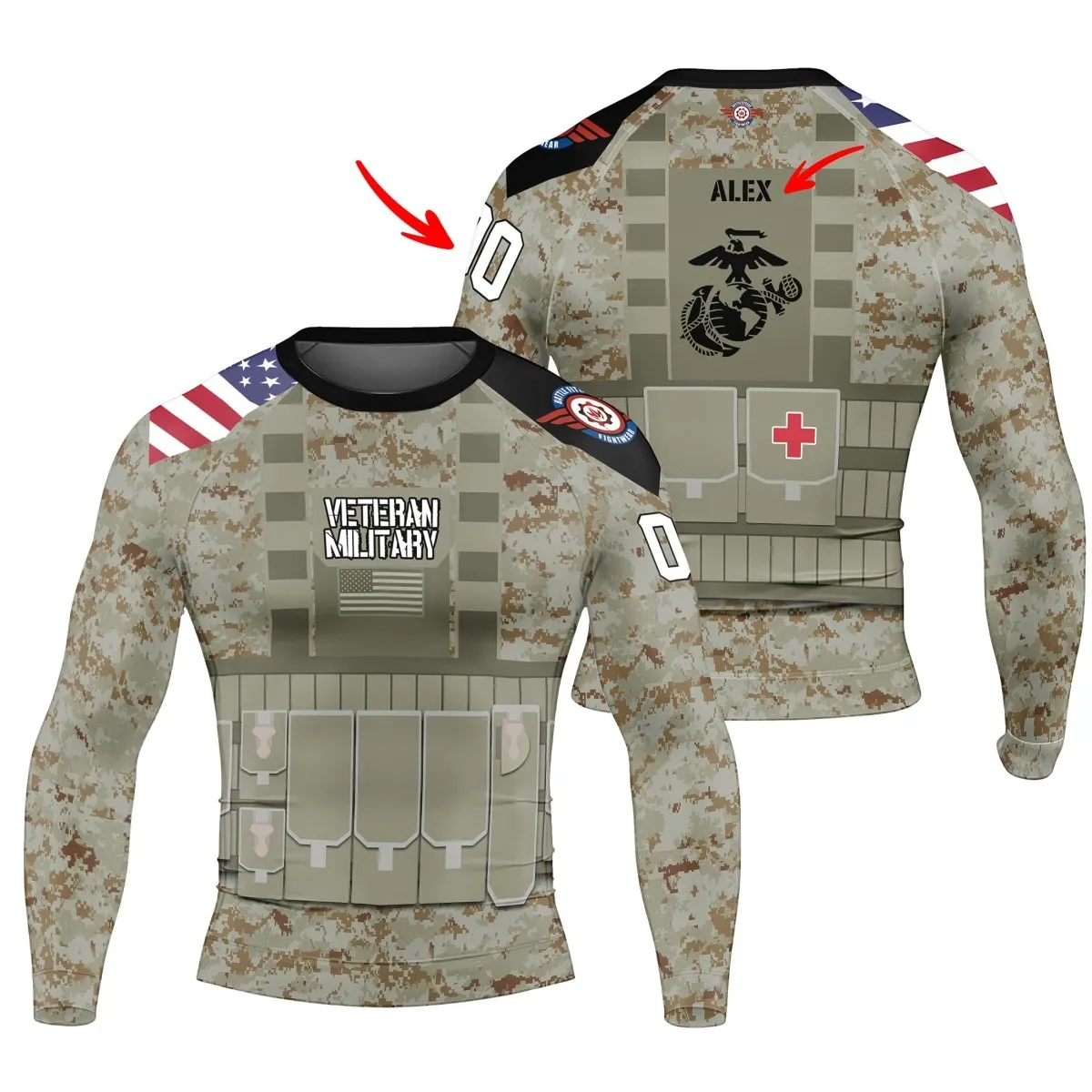 Personalized USA Marine Corp Veteran Men's Long Sleeve Rash Guard