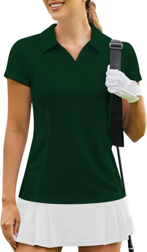 PINSPARK Womens Golf Shirt Short Sleeve Polo Shirts Quick Dry Tennis Tops V-Neck with Collar Pickleball Shirts Golf Outfits