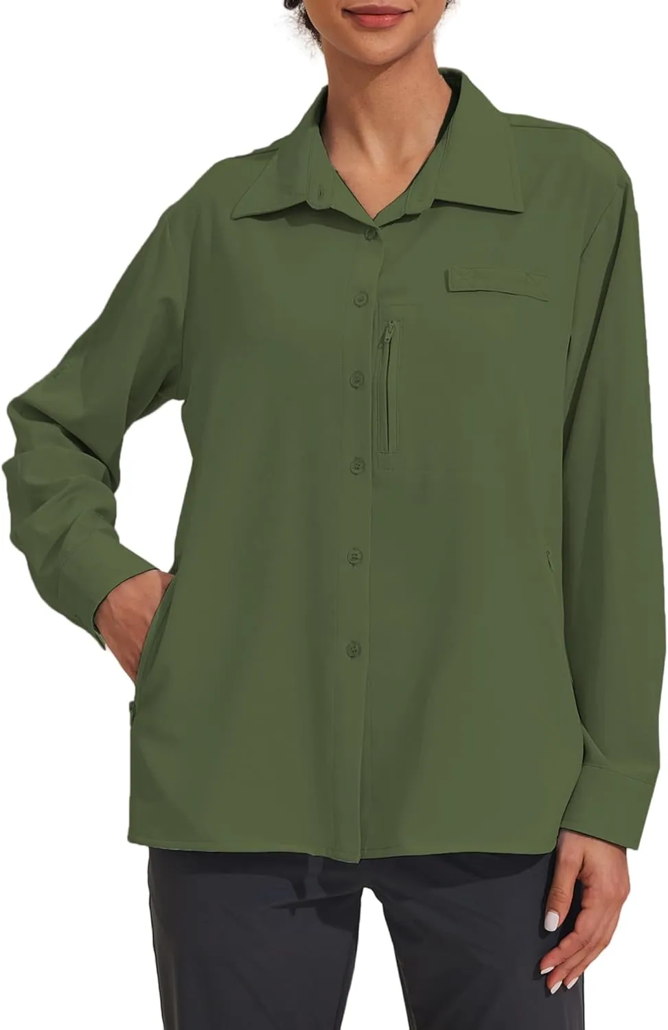 PINSPARK Womens UPF 50  UV Sun Protection Shirts Long Sleeve Outdoor Fishing Blouse Quick Dry Safari Hiking Tops with Pockets