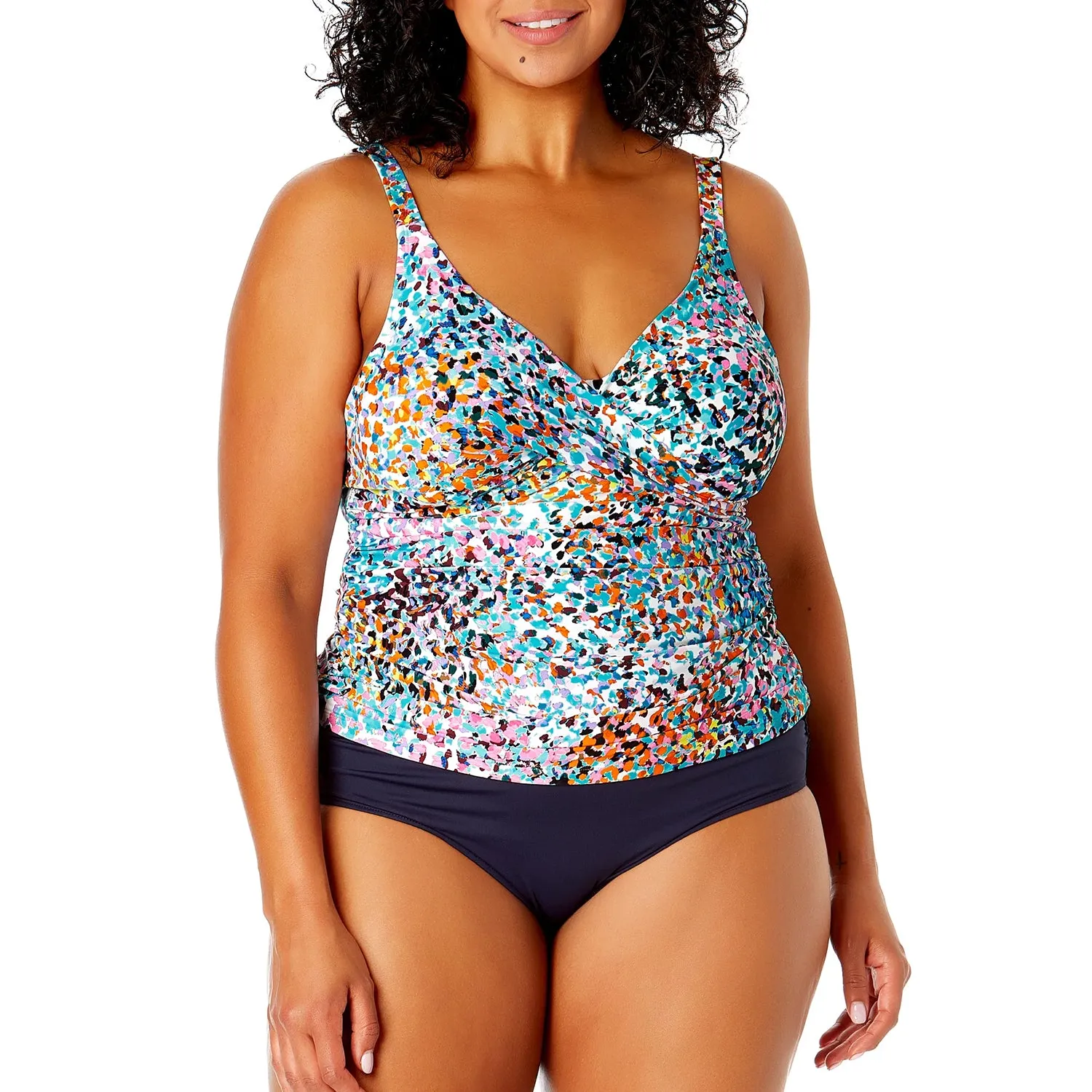 PL-ACTK65-M - Wholesale Women's Plus "Sunset Dot" Drape Front Tankini