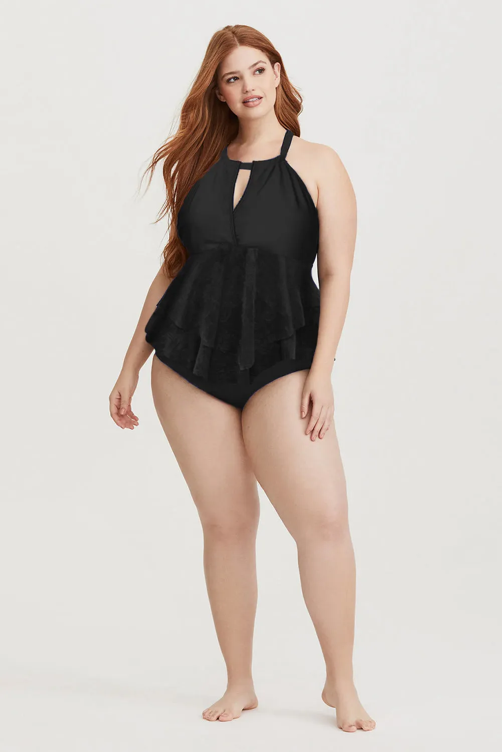 Plus Size Lace Surplice Ruffle One-piece Swimsuit