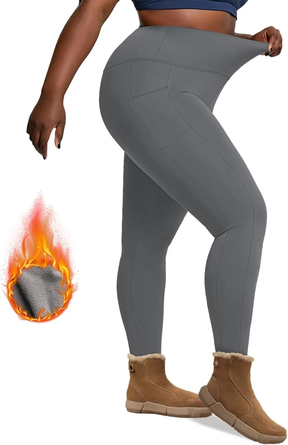 Plus Size Leggings Fleece Lined for Women Thermal Winter Tummy Control Pants Workout Running Yoga Pants with Pockets
